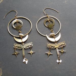 Celestial Dragonfly Huge Statement Hoop Earrings Gold golden Dangle